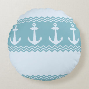 Blue Nautic Anchor Coastal Streifen Rundes Kissen