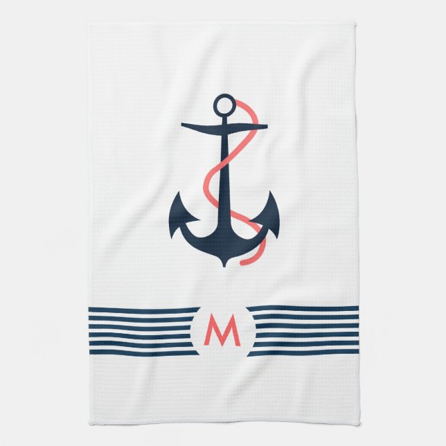 Blue Nautic Boat Anchor Decorative Blue Stripes Handtuch (Vertikal)