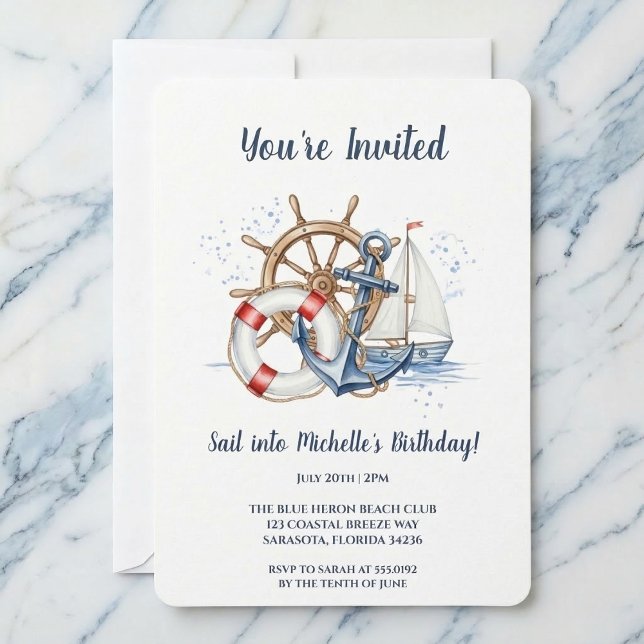 Blue Nautical Anchor Birthday Invite Einladung (Party by the sea.)
