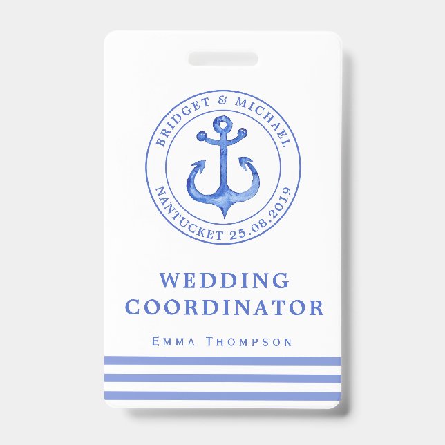 Blue Nautical Anchor | Hochzeitsplaner Ausweis (Vorderseite)