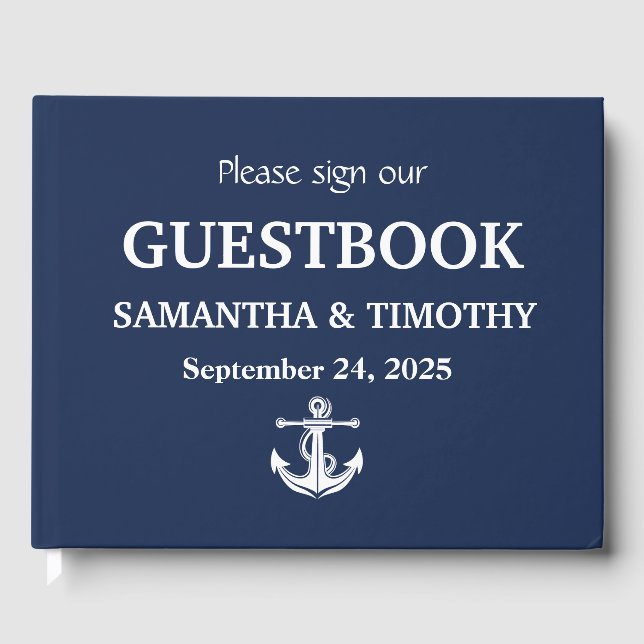Blue Nautical Anchor Modern Beach Wedding Gästebuch (Vorderseite)