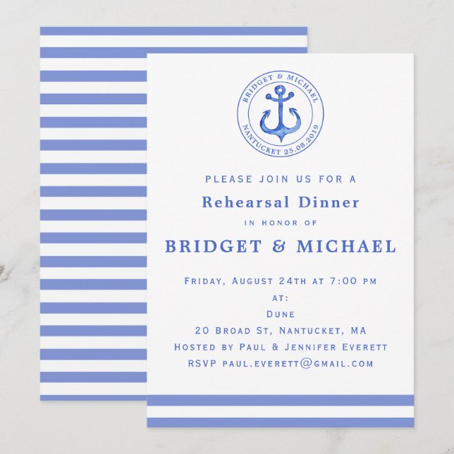 Blue Nautical Anchor Probe Dinner Einladung (Vorne/Hinten)