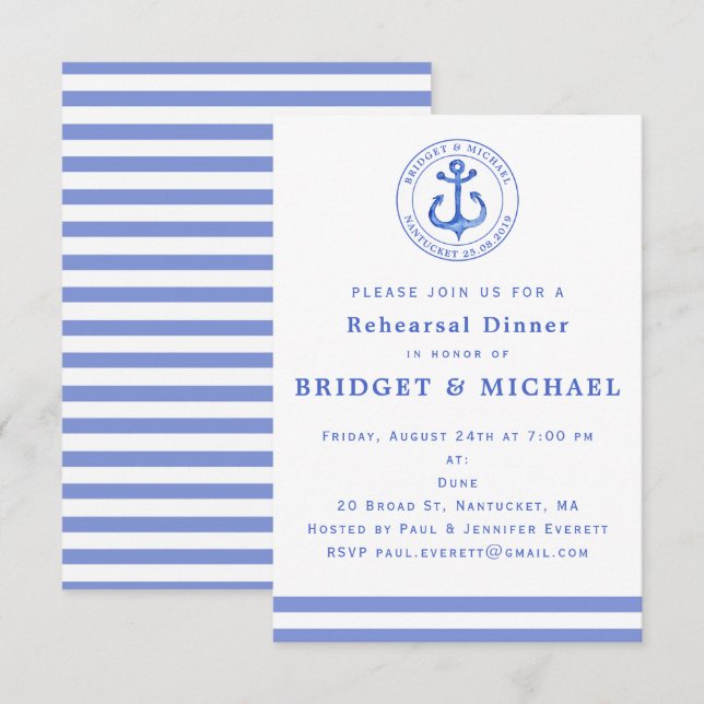 Blue Nautical Anchor Probe Dinner Einladung (Vorne/Hinten)