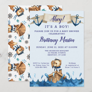 Blue Nautical Anchor Sailor Bear Baby Dusche Einladung