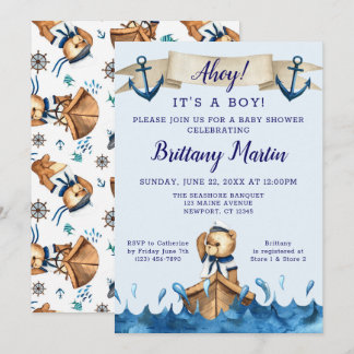 Blue Nautical Anchor Sailor Bear Baby Dusche Einladung