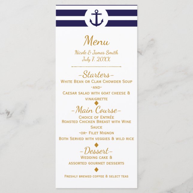Blue Nautical Anchor & Stripes Wedding Menu Menükarte (Vorderseite)