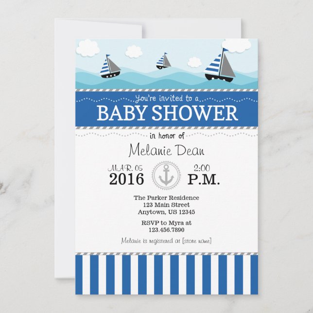 Blue Nautical Baby Shower Einladung (Vorderseite)
