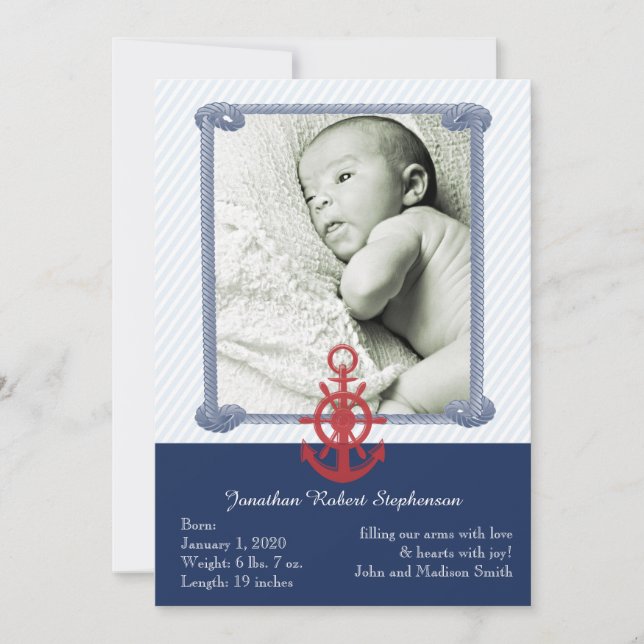 Blue Nautical Foto Baby Ankündigung (Vorderseite)