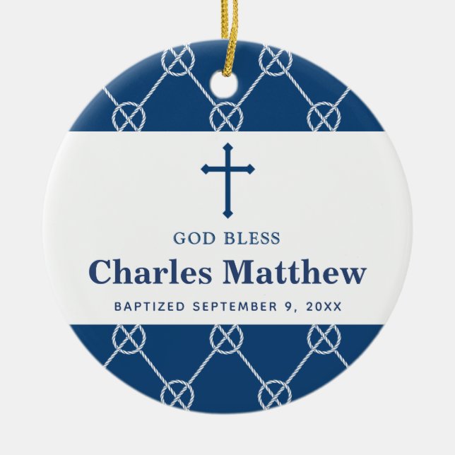 Blue Nautical Knot Classic Beach Boy Taufe Keramik Ornament (Vorne)