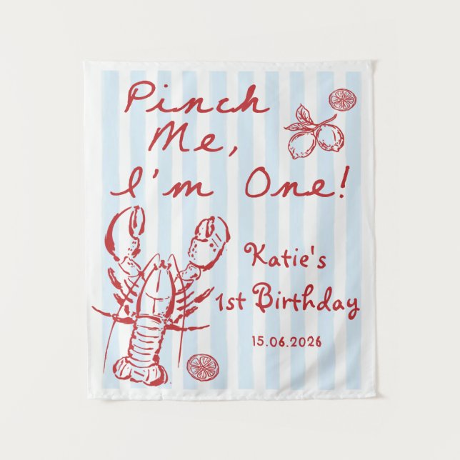 Blue Nautical Lobster 1st Birthday Tapestry Wandteppich (Vorderseite)