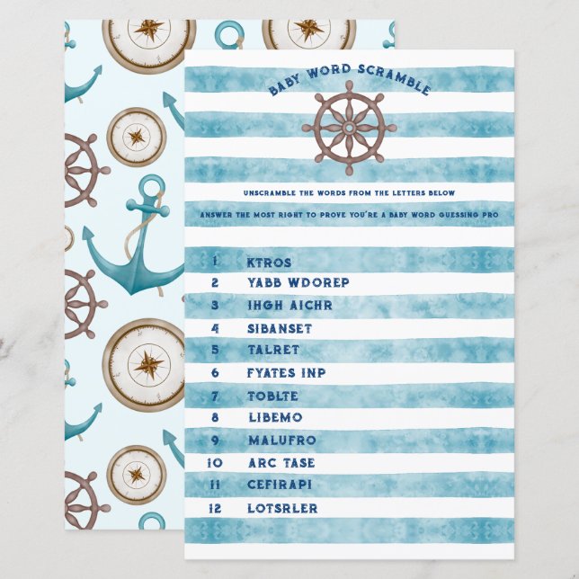 Blue Nautical Sailor Baby Shower Word Scramble (Vorne/Hinten)