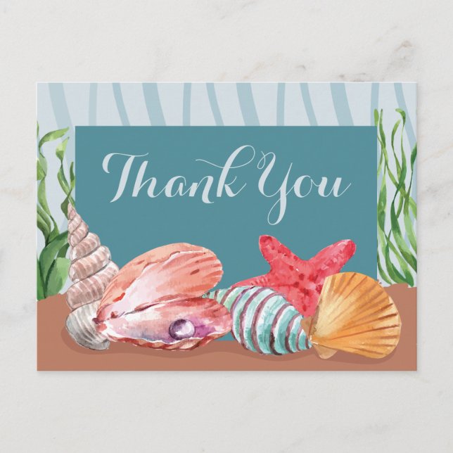 Blue Nautical Seashell Beach Wedding Vielen Dank Postkarte (Vorderseite)
