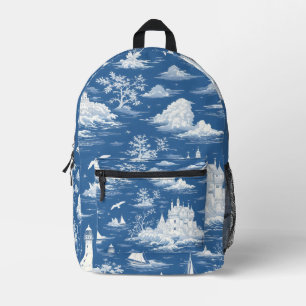 Blue Nautical Toile de Jouy Bedruckter Rucksack