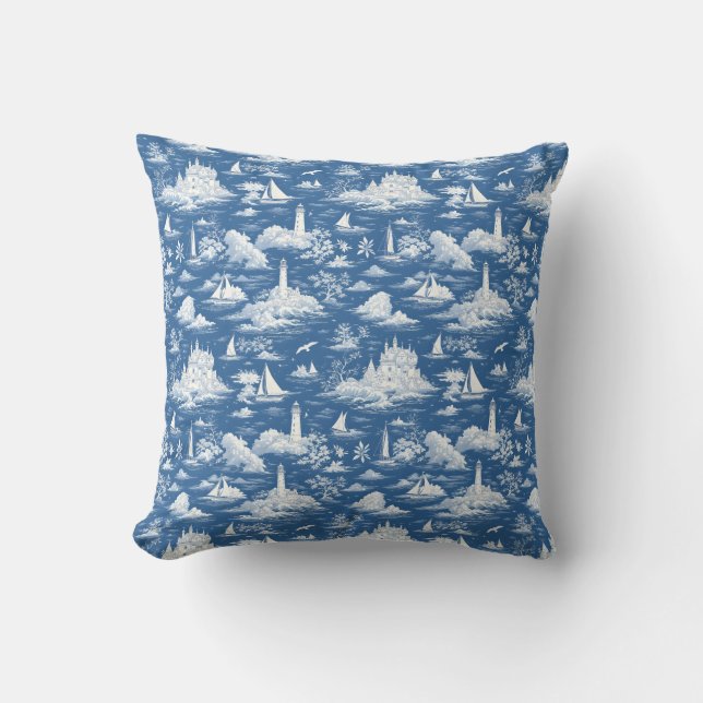 Blue Nautical Toile de Jouy Kissen (Vorderseite)