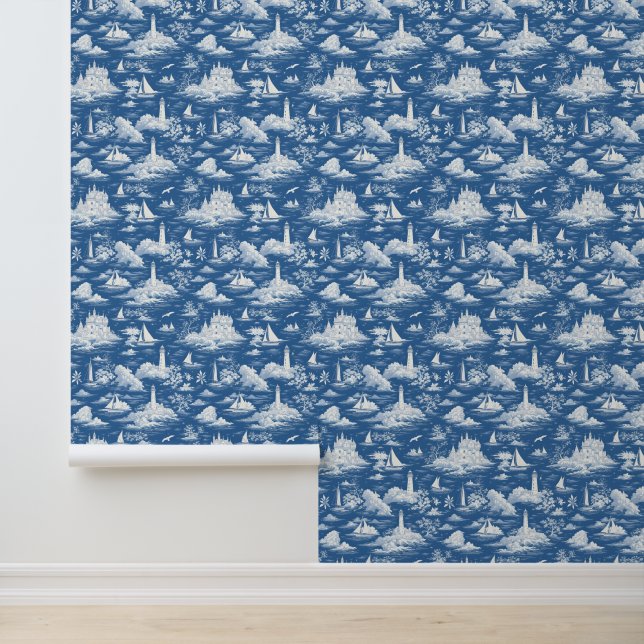 Blue Nautical Toile de Jouy Tapete (Anwendung)