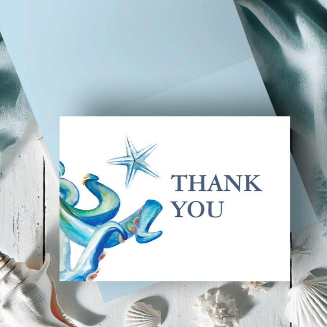 Blue Nautical Watercolor Faltkarte Dankeskarte (Thank you card watercolor blue octopus under the sea theme Victoria Grigaliunas Do Tell A Belle)