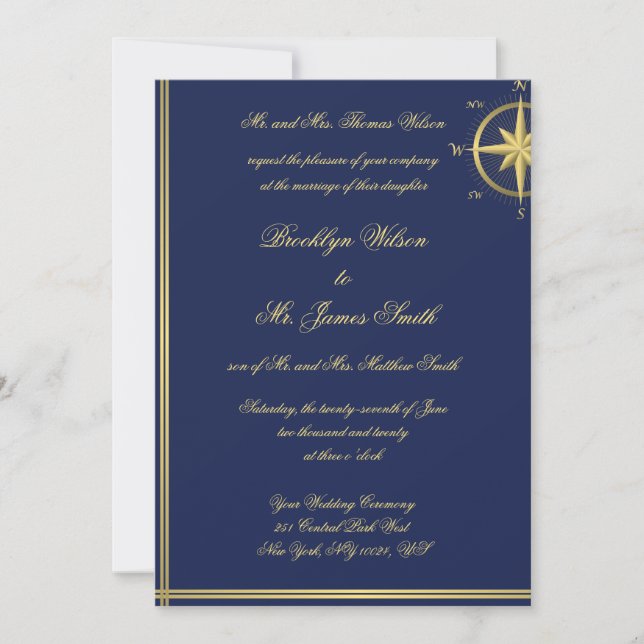 Blue Nautical Wedding Einladungen Gold Compass (Vorderseite)