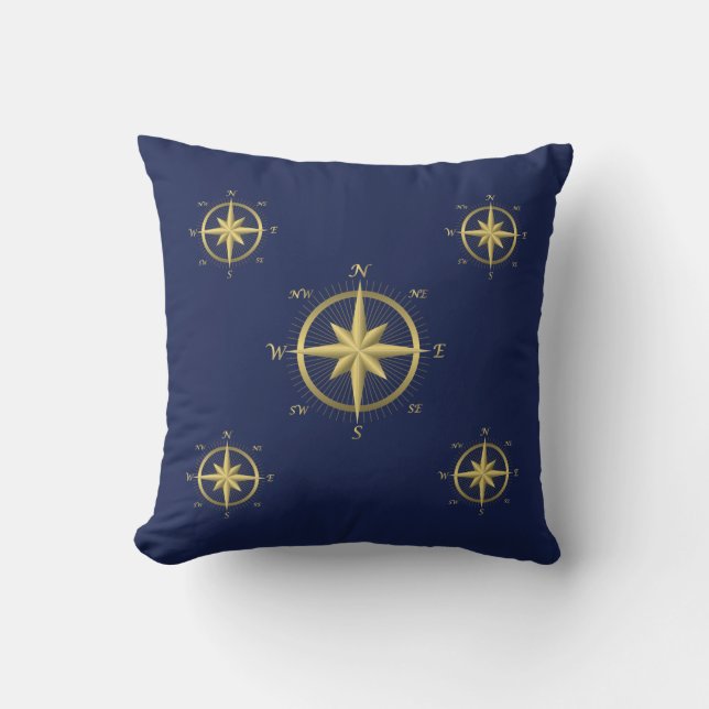 Blue Nautical Wedding Pillows Gold Compass Kissen (Vorderseite)