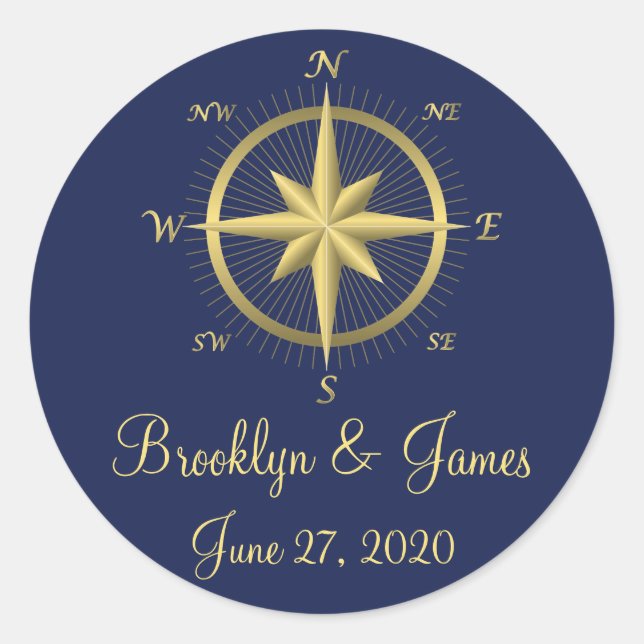 Blue Nautical Wedding Stickers Gold Compass (Vorderseite)