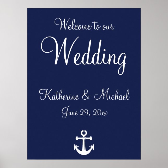 Blue Nautical Wedding Willkommenszeichen mit Anker Poster (Vorne)