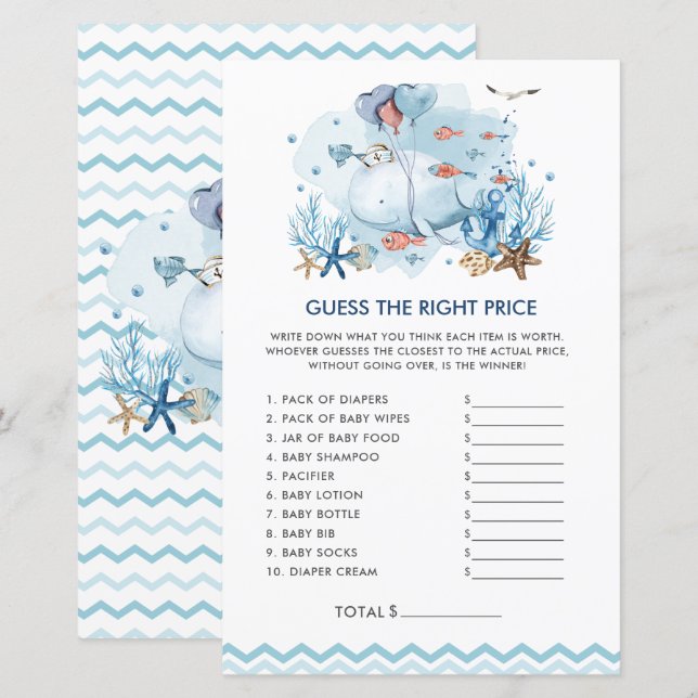 Blue Nautical Whale Baby rät den richtigen Preis (Vorne/Hinten)