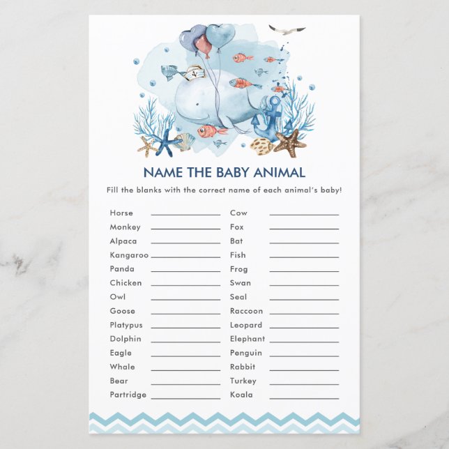 Blue Nautical Whale Name the Baby Animal Game (Vorderseite)