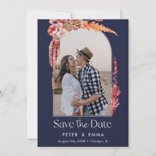 Blue Navy Abend Save the Date Pampas Gras Feiertagskarte