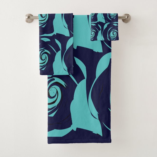 Blue Navy Blue Rose Blume Blumenmuster Badhandtuch Set (Insitu)