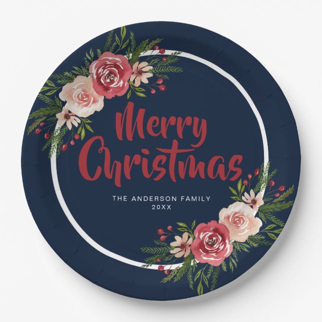 Blue Navy Blue Watercolor Blume Weihnachten Pappteller (Vorderseite)