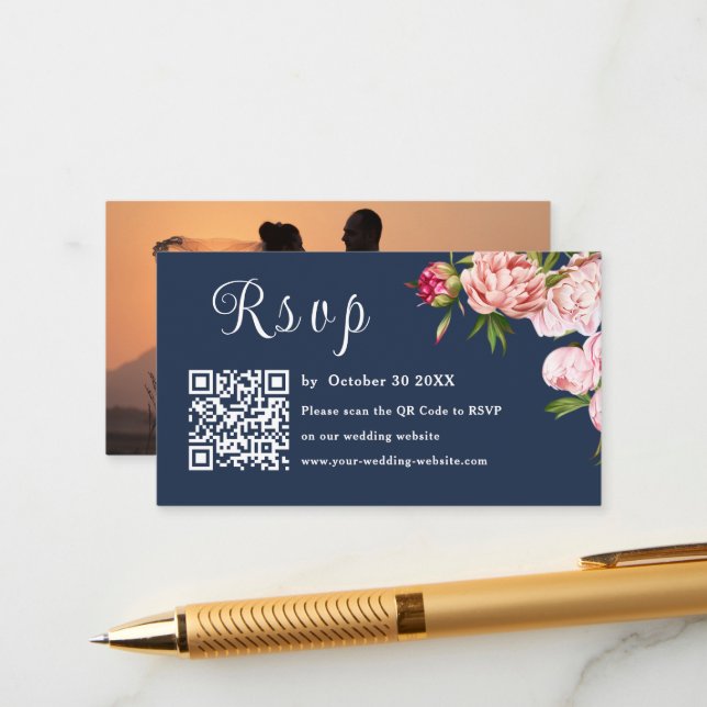 Blue Navy Blush Pink Foto UAwg QR Code Hochzeit Begleitkarte (Vorderseite/Rückseite Beispiel)