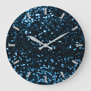 Blue Navy Deep Ocean Funkelnd Imitat Glitzer Grau Große Wanduhr