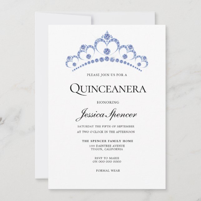 Blue & Navy Diamond Tiara Quinceanera Einladung (Vorderseite)