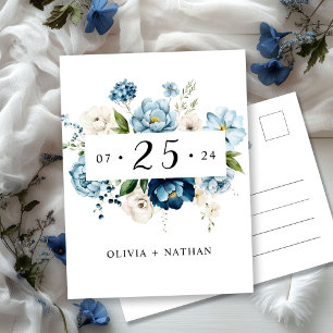 Blue Navy Elegant Niedlich Floral Ivory Save the D Einladungspostkarte