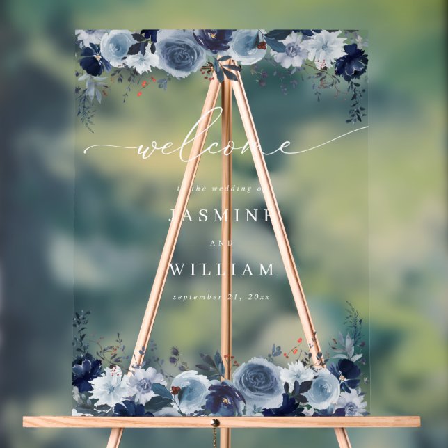 Blue & Navy Floral Mariage Welcome 2- Blanc (Neutre)