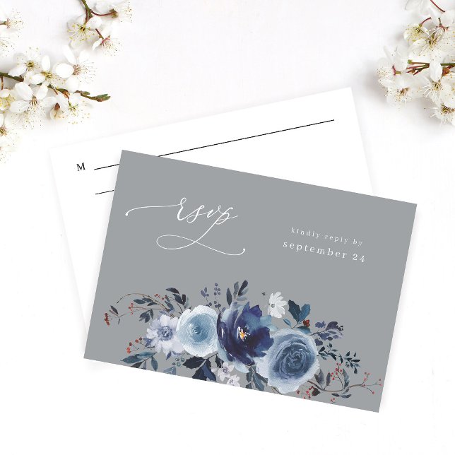 Blue & Navy Floral w Meal UAWG - Grau RSVP Karte (Von Creator hochgeladen)