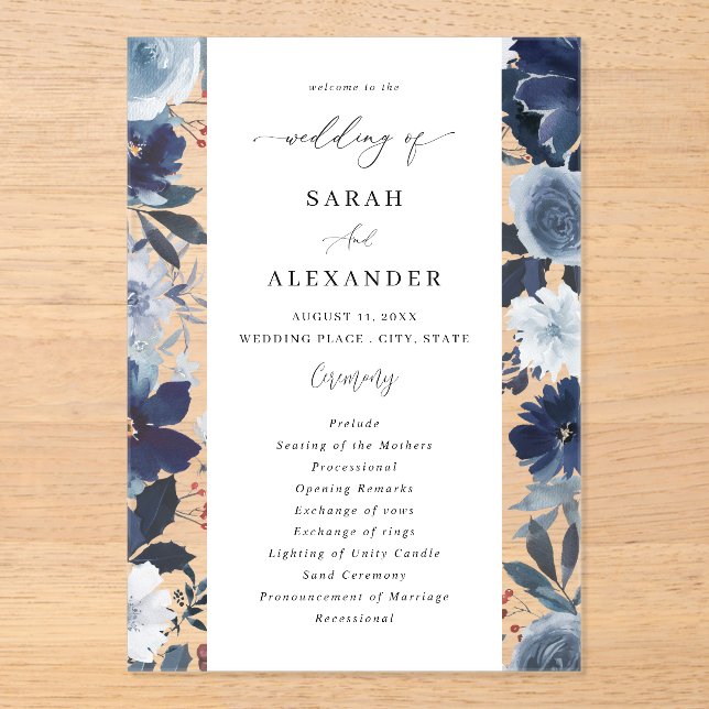 Blue & Navy Floral Wedding Programme Acrylique (Recto)