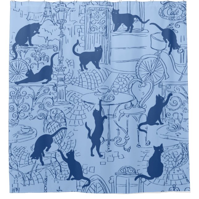 Blue Navy French Cat Paris Café Douche Rideau (Devant)