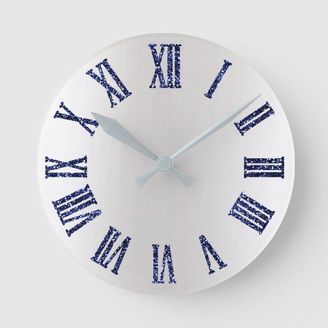 Blue Navy Glitter Metal Gray Silver Roman Numbers Runde Wanduhr (Vorderseite)