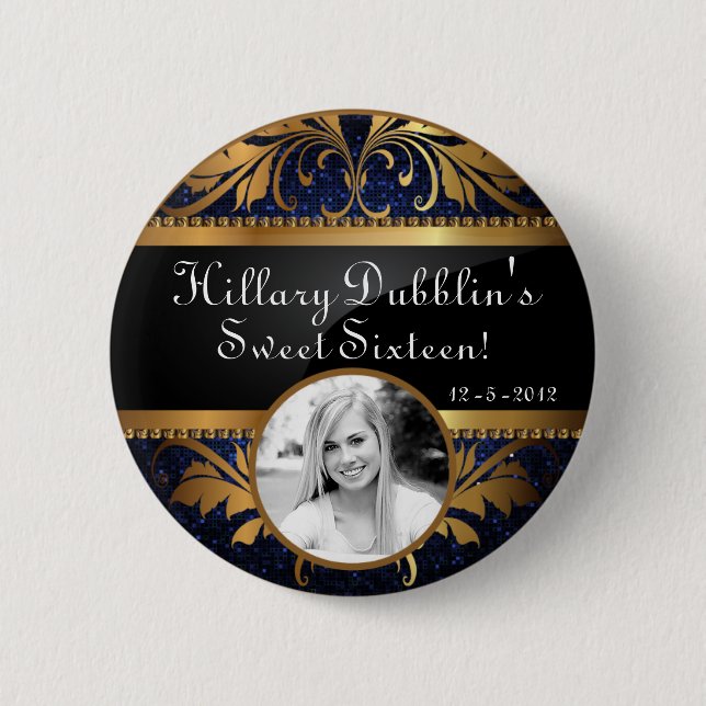 Blue Navy Glitter Sequin Disco Glitz Foto Button (Vorderseite)