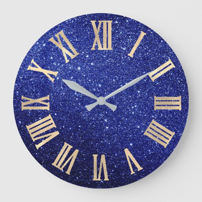 Blue Navy Glitzer Minimal Metallic römische Zahlen Große Wanduhr (Vorderseite)