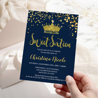 Blue Navy Gold Confetti Elegant Sweet 16 Einladung