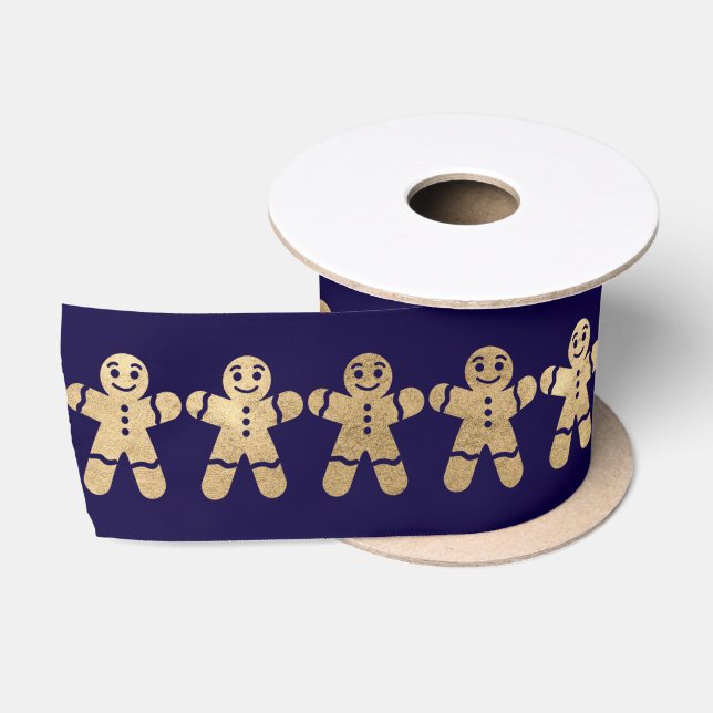 Blue Navy Golden Christmas Gingerbrot Man Satinband (Spule)