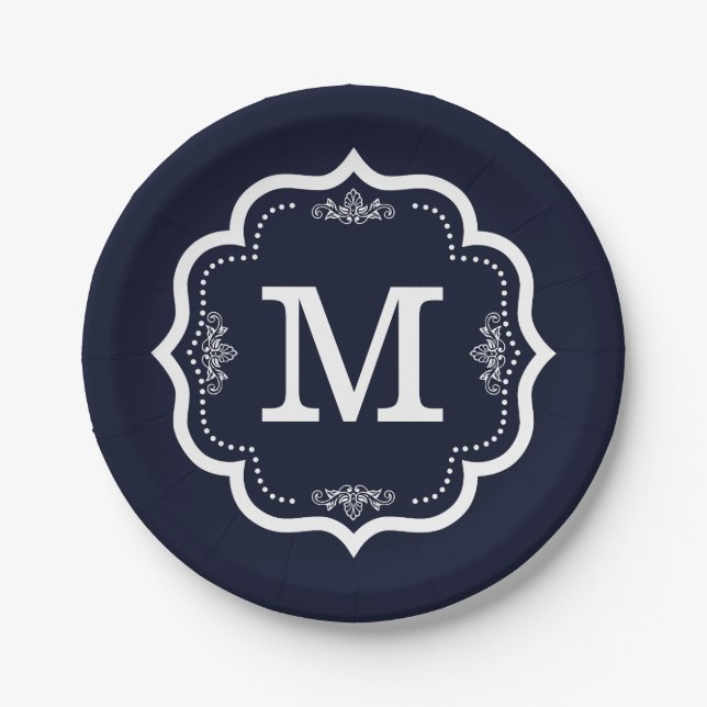 Blue Navy Monogram Pappteller (Vorderseite)