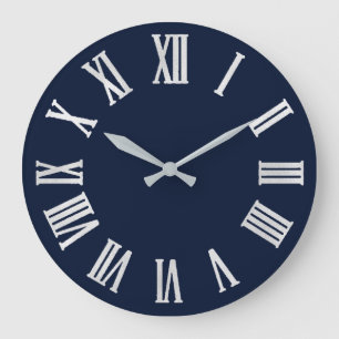 Blue Navy Nauti Gray Metallic Silver Roman Numbers Große Wanduhr