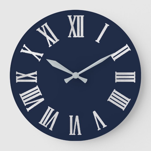 Blue Navy Nauti Gray Metallic Silver Roman Numbers Große Wanduhr (Vorderseite)