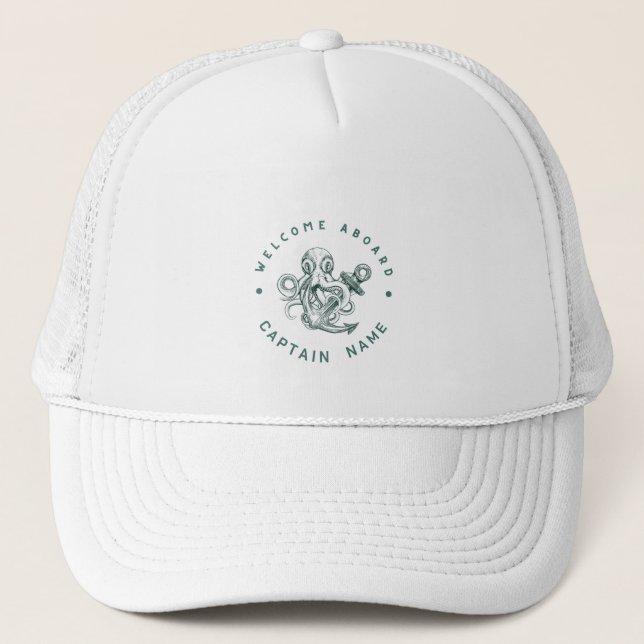 Blue Navy Nautic Anchor Yacht Club Retro-Oktopus Truckerkappe (Vorderseite)