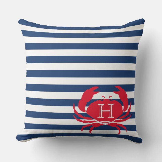 Blue Navy Red Crab Nautical Modern Stripes Outdoor Kissen (Vorderseite)