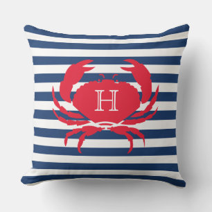 Blue Navy Red Crab Nautical Modern Stripes Outdoor Kissen