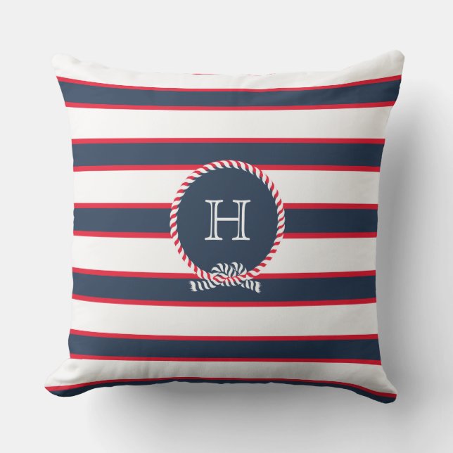Blue Navy Red White Naugram Monogram Stripes Kissen (Vorderseite)