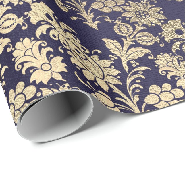 Blue Navy Royal Chic Foxier Gold Powder Blume Geschenkpapier (Rolleneckpunkt)